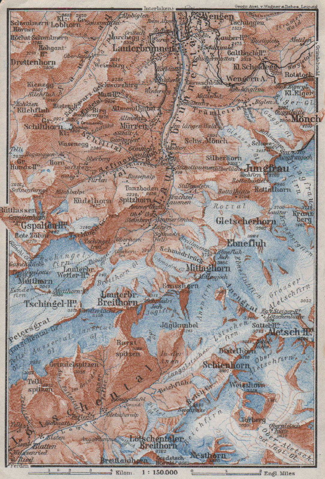 UPPER LAUTERBRUNNEN VALLEY/WALL. Mürren Grosshorn Breithorn Jungfrau 1928 map